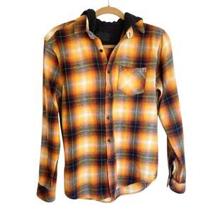 Nomad Orange Navy Plaid Flannel Button Up Waffle Knit Hood Mens MED Fall Casual